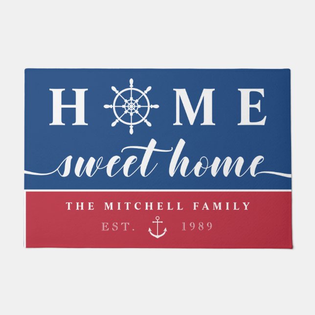 Nautical Blue Red Home Sweet Home Add Name Doormat (Front)