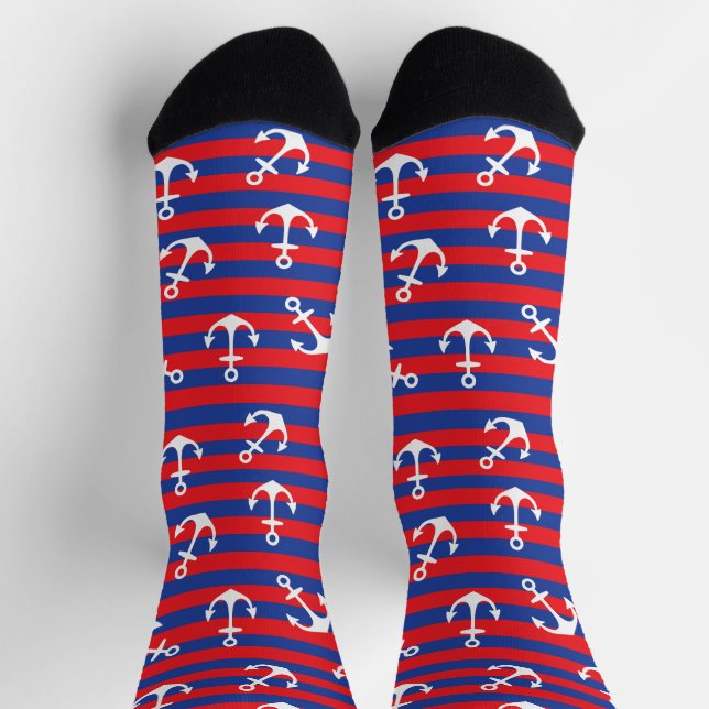 Nautical Blue Red Stripes and Anchors Cruise Ship Socks (Top)