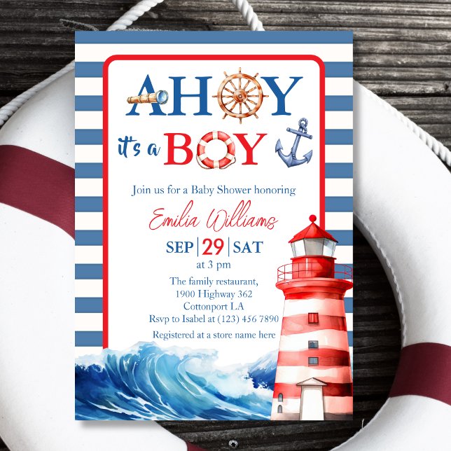 Nautical Blue Red Whimsical Ahoy Boy Baby Shower Invitation (Creator Uploaded)