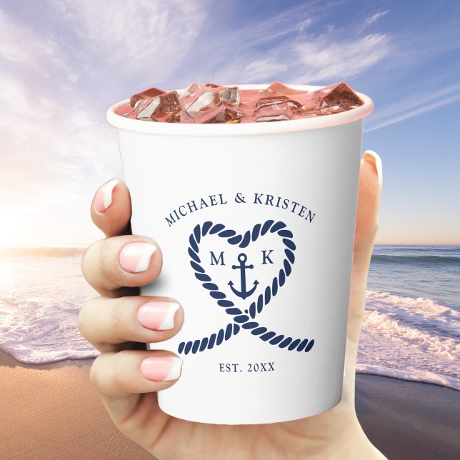 Nautical Blue Rope Heart Anchor Monogram Wedding  Paper Cups (Nautical Blue Rope Heart Anchor Monogram Wedding Paper Cups)