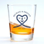 Nautical Blue Rope Heart Anchor Monogram Wedding  Shot Glass<br><div class="desc">Nautical blue and white wedding shot glass for a bride and groom.  Great for a Navy (military) or lake house wedding.  Design features a heart shaped rope with anchor and couple initials in the middle.  Personalise it with your wedding details.</div>