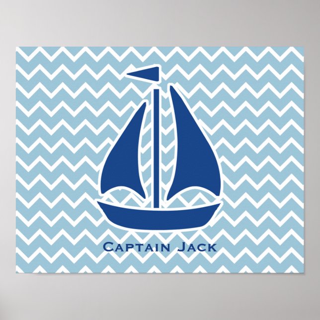 Nautical Blue Sail Boat and Chevron Personalised Poster (Front)