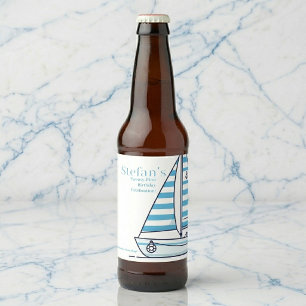Nautical Blue Sailboat Birthday Beer Bottle Label