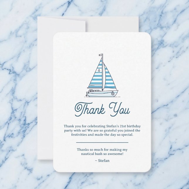 Nautical Blue Sailboat Birthday Thank You Card (A nautical way to say thank you.)
