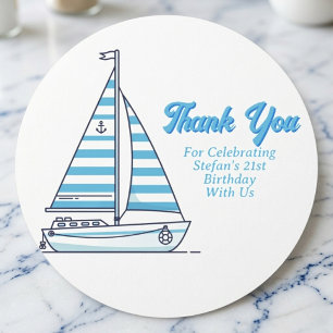 Nautical Blue Sailboat Birthday Thank You Classic Round Sticker