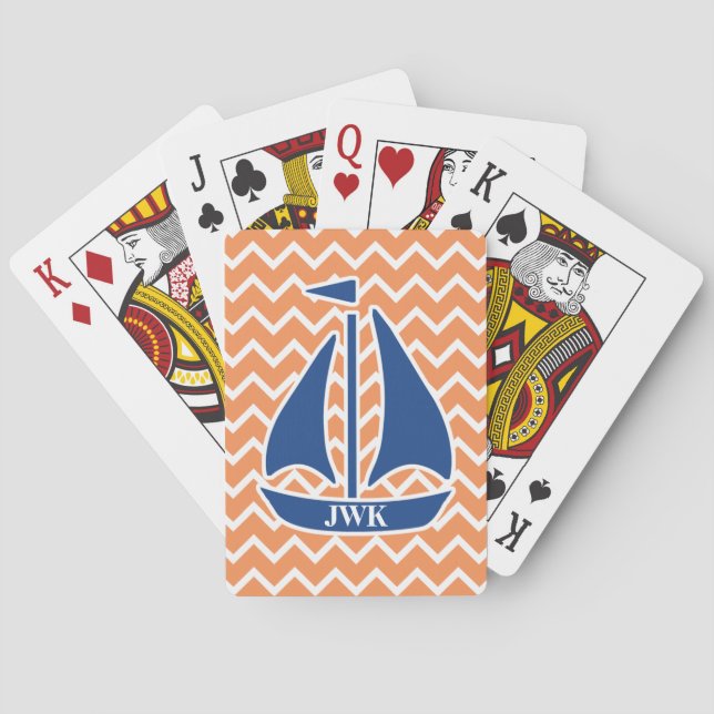 Nautical Blue Sailboat Custom Chevron pattern Playing Cards (Back)
