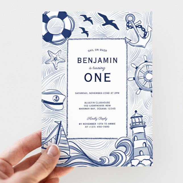 Nautical Blue Sailboat Lighthouse 1st Birthday Invitation (Creator Uploaded)