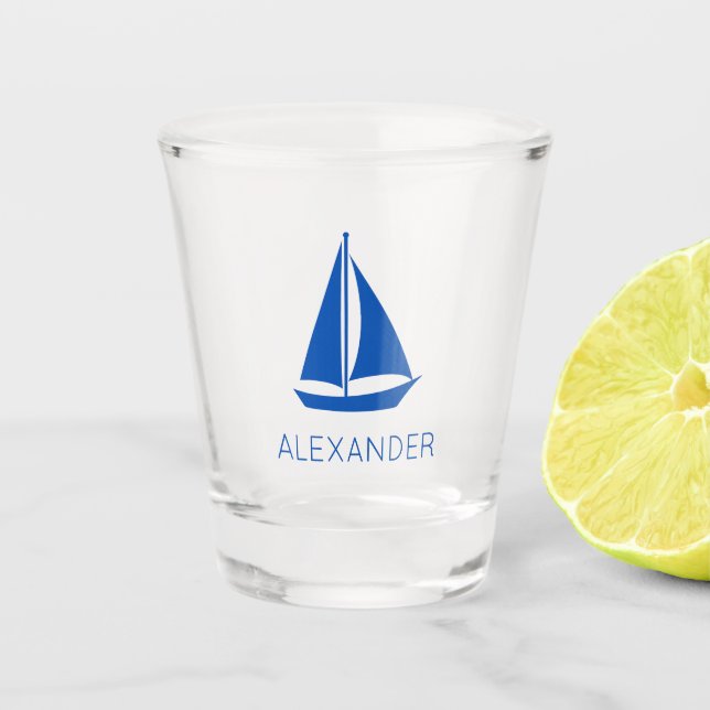 Nautical Blue Sailboat Personalised Shot Glass (Front)