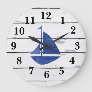 Nautical Blue Sailboat Shiplap Rustic Decor Large Clock
