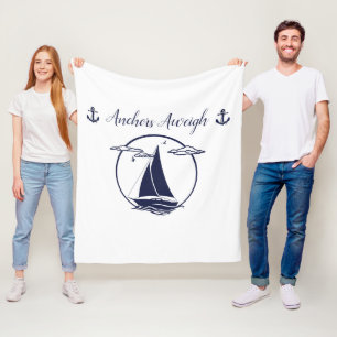 Nautical blue sailboat silhouette/anchors aweigh fleece blanket