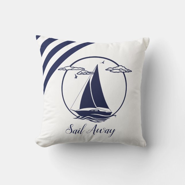 Nautical blue sailboat silhouette/sail away/navy cushion (Front)
