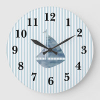 Nautical Blue Sailboat Stripe Preppy Large Clock