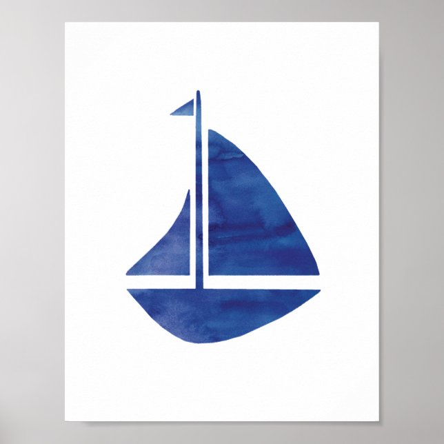 Nautical Blue Sailboat Watercolor Painting Poster (Front)
