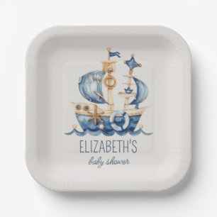 Nautical Blue Sailing Ship Baby Shower Paper Plate