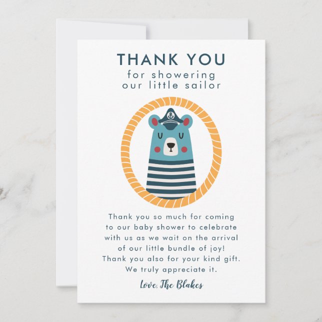 Nautical Blue Sailor Bear Baby Shower Thank You Card (Front)