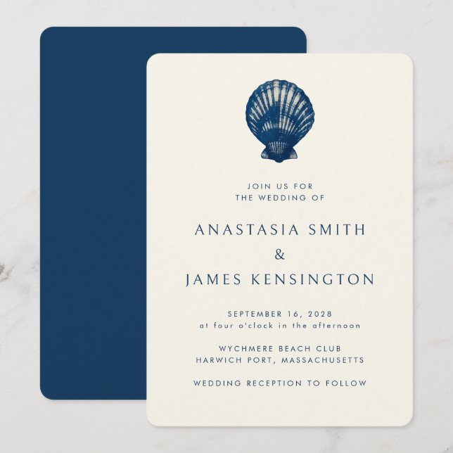 Nautical Blue Sea Shell Stylish Modern Wedding Invitation (Front/Back)