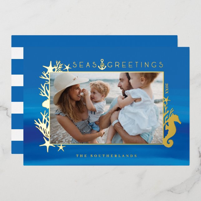 Nautical Blue Seas & Greetings Ocean Photo Frame Foil Holiday Card (Front/Back)