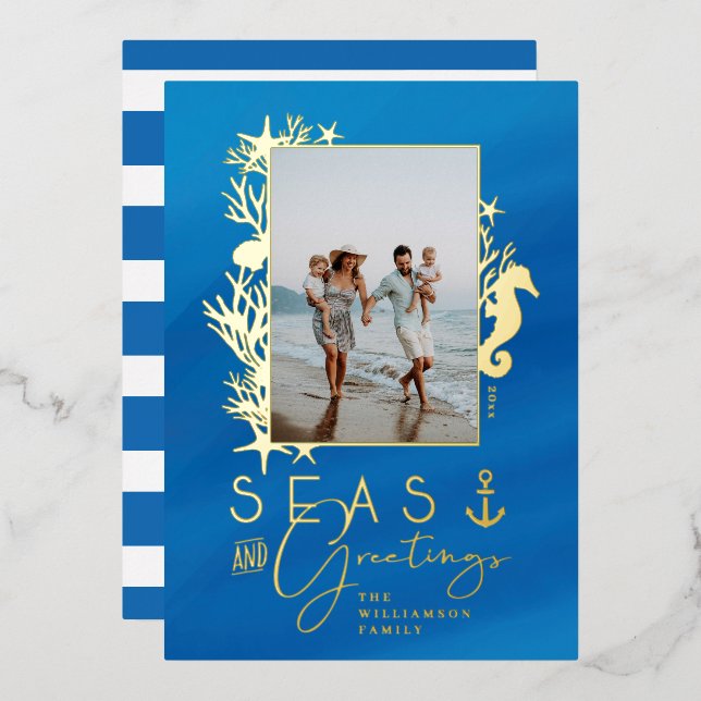 Nautical Blue Seas & Greetings Ocean Photo Frame Foil Holiday Card (Front/Back)