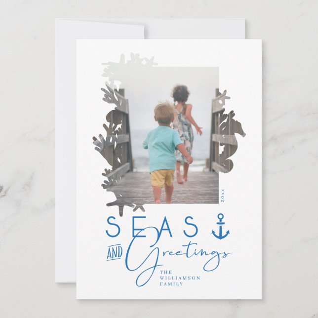 Nautical Blue Seas & Greetings Ocean Photo Frame Holiday Card (Front)
