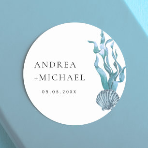 Nautical Blue Seashell Coastal Custom Wedding Classic Round Sticker