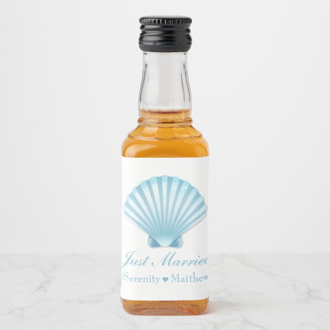  Nautical Blue Shell Beach Just Married Wedding Liquor Bottle Label (Front)