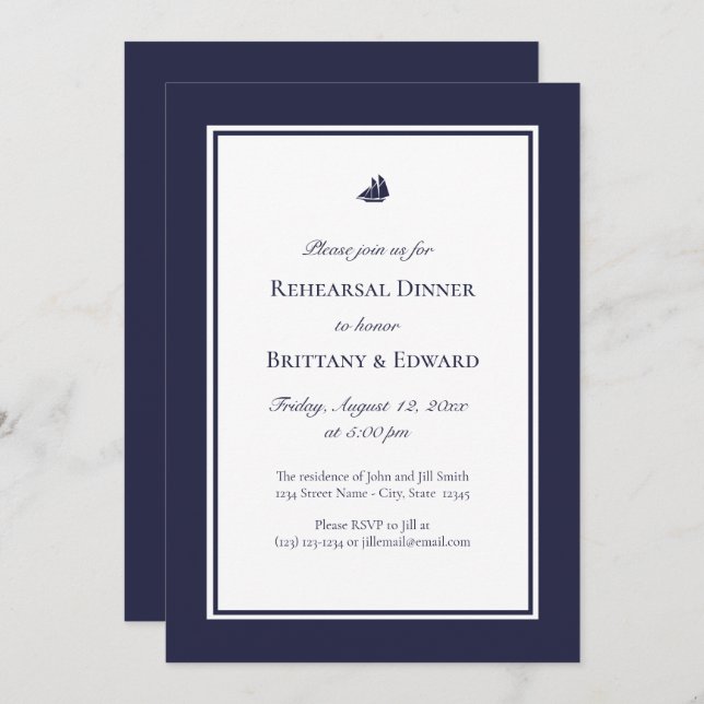 Nautical Blue Ship Rehearsal Dinner Invitations (Front/Back)