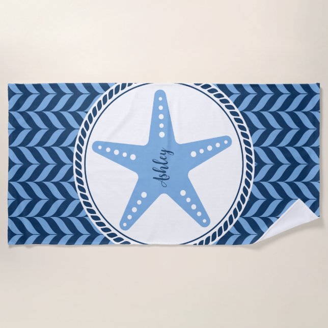 Nautical Blue Starfish coastal  Beach Towel (Front)