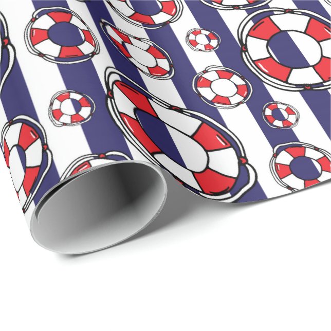 Nautical Blue Stripe Lifebouy Seaside Pattern Wrapping Paper (Roll Corner)
