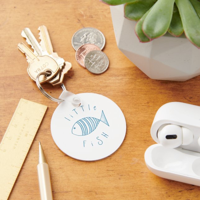 Nautical Blue Stripe Little Fish  Button Key Ring (Desk)