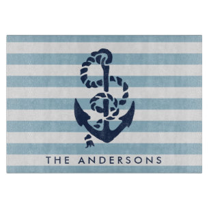 Nautical Blue Stripe & Navy Anchor Personalised Cutting Board