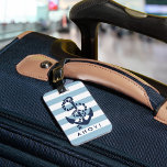 Nautical Blue Stripe Navy Anchor Personalised Luggage Tag<br><div class="desc">Design features a rope and anchor illustration in classic navy blue on a light blue and white stripe background. Customise with your name and contact details on back; wording on front is customisable as well. Coordinating accessories available in our shop!</div>