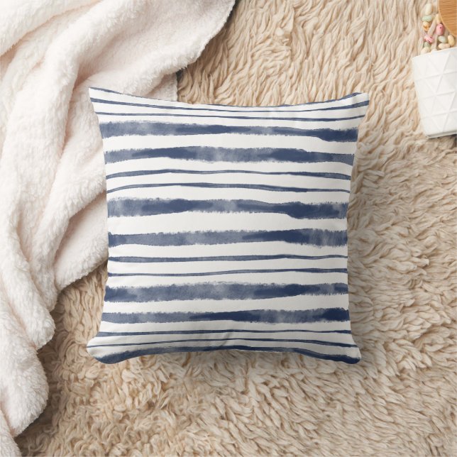 Nautical Blue Stripe Pillow, Coastal Decorative Cushion (Blanket)
