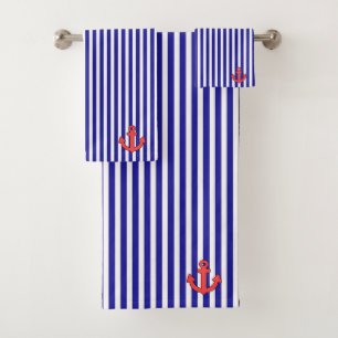 Nautical Blue Stripe Red Anchor Bath Towel Set