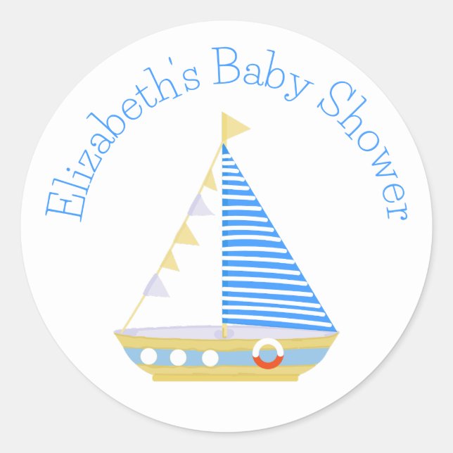 Nautical Blue Stripe Sailboat Baby Shower Classic Round Sticker (Front)