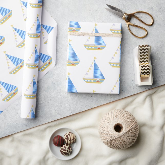 Nautical Blue Stripe Sailboat Baby Shower Wrapping Paper (Crafts)