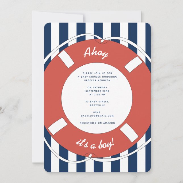 Nautical Blue Striped Ahoy It's a Boy! Baby Shower Invitation (Front)