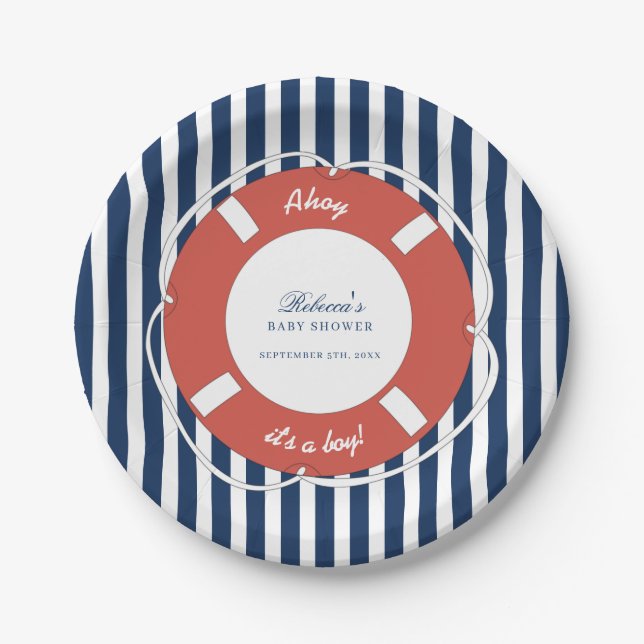Nautical Blue Striped Baby Shower Boy  Paper Plate (Front)