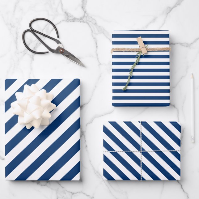 Nautical blue striped birthday gift wrap (Front)