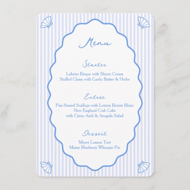 Nautical Blue Striped Coastal Chic Whimsical Blue Menu (Front)