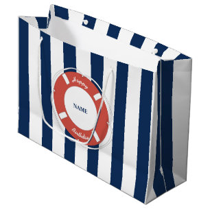 Nautical Blue Striped Custom Name Birthday Large Gift Bag