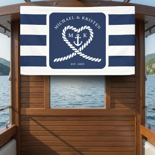 Nautical Blue Striped Heart Anchor Wedding Banner