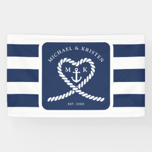 Nautical Blue Striped Heart Anchor Wedding Banner