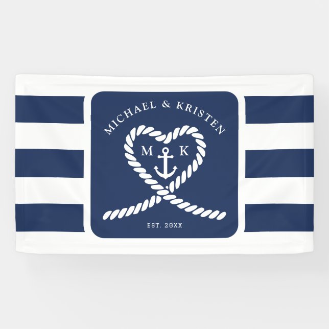 Nautical Blue Striped Heart Anchor Wedding  Banner (Horizontal)