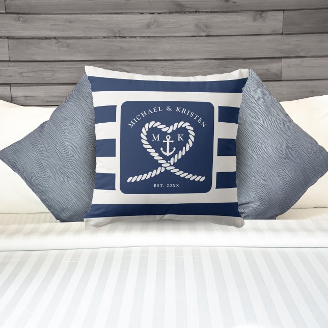 Nautical Blue Striped Heart Anchor Wedding  Cushion (Nautical Blue Striped Heart Anchor Wedding Throw Pillow)