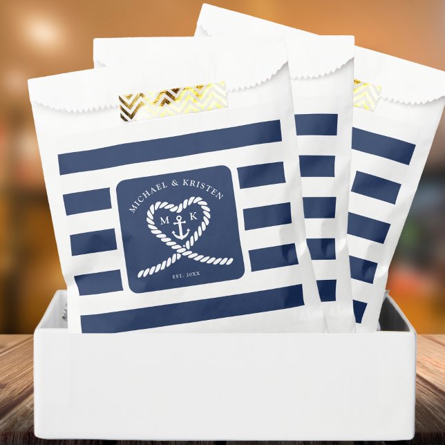 Nautical Blue Striped Heart Anchor Wedding  Favour Bags (Nautical Blue Striped Heart Anchor Wedding Favor Bag)