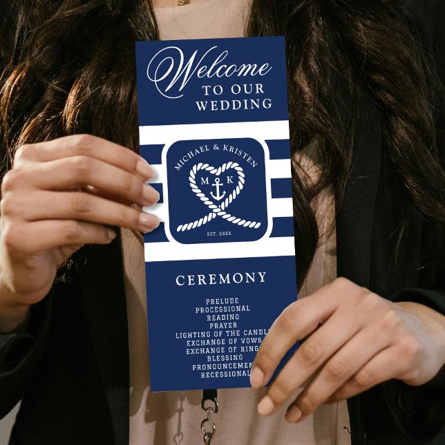 Nautical Blue Striped Heart Anchor Wedding  Programme (Nautical Blue Striped Heart Anchor Wedding Program
)