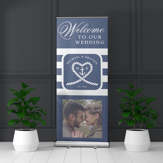 Nautical Blue Striped Heart Anchor Wedding  Retractable Banner (Creator Uploaded)