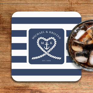 Nautical Blue Striped Heart Anchor Wedding  Square Paper Coaster