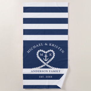 Nautical Blue Striped Rope Heart Anchor Wedding Beach Towel