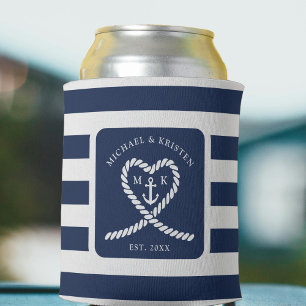 Nautical Blue Striped Rope Heart Anchor Wedding Can Cooler